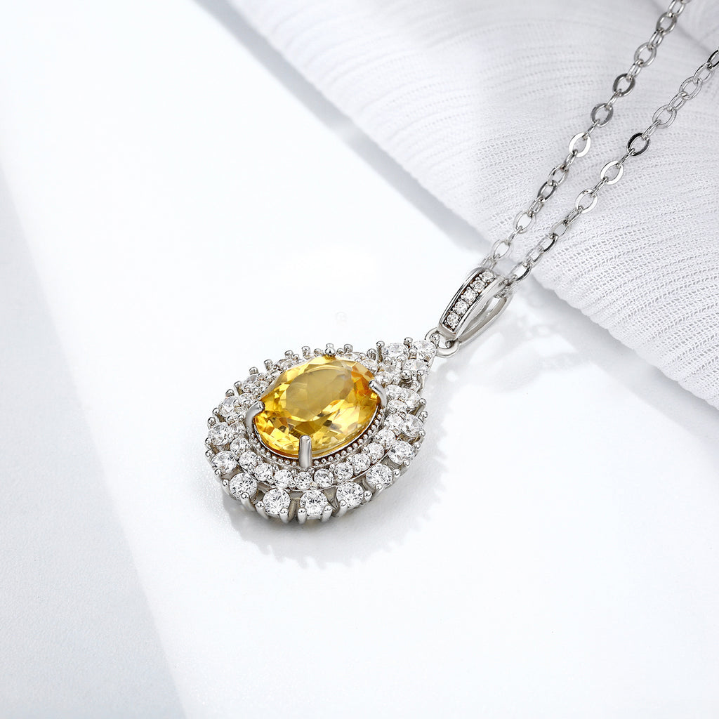 Luxury Drop-Shaped Yellow Topaz Necklace – 925 Sterling Silver & Platinum Finish Pendant
