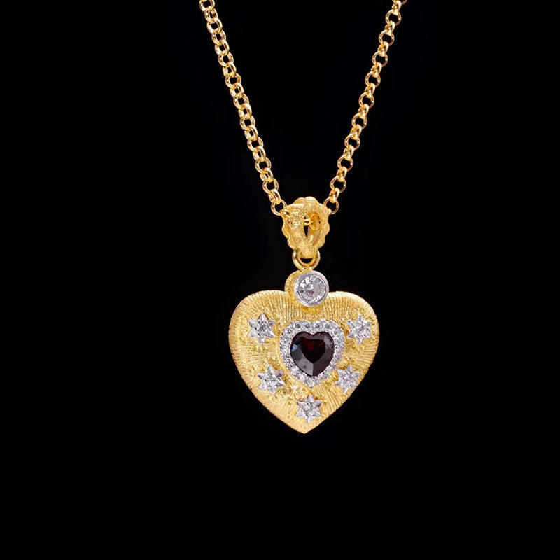 Brushed Heart S925 Silver Gold-Plated Garnet Pendant – Luxury Romantic Jewelry | T&P Luxury Store