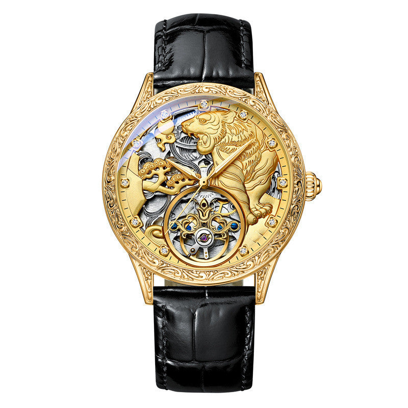Luxury Gold Lion Relief Automatic Skeleton Watch – Prestige Mechanical Timepiece