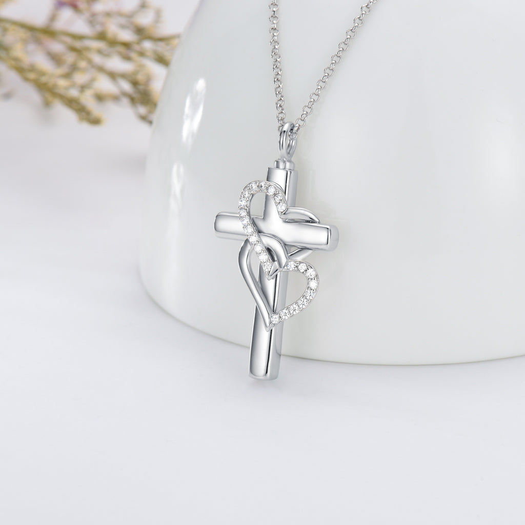 Memorial Cross Heart Pendant Necklace – S925 Sterling Silver Keepsake Jewelry for Ashes & Remembrance