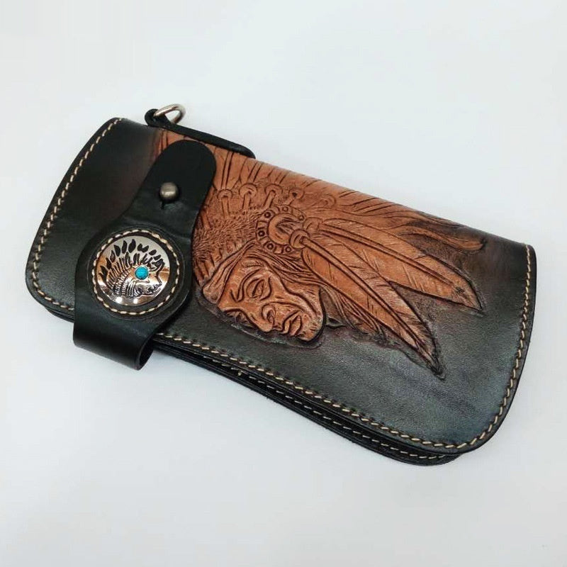 Western Biker Leather Wallet with Chain – Hand-Carved Cowhide Long Style