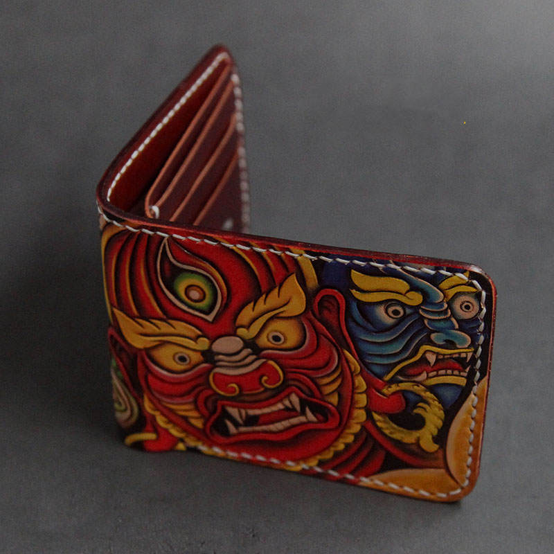 Handcrafted Skull & Koi Leather Wallet – Artistic Short Style Cowhide