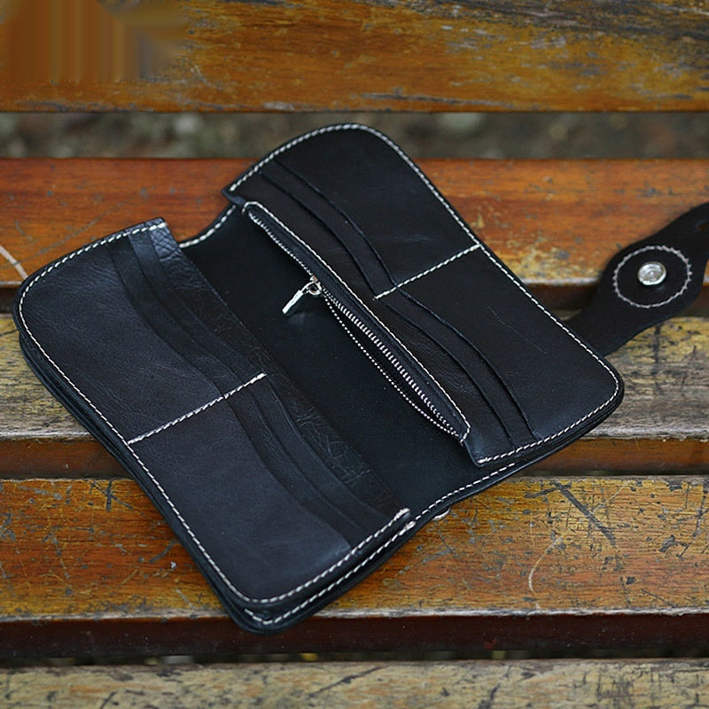 Western Biker Leather Wallet with Chain – Hand-Carved Cowhide Long Style