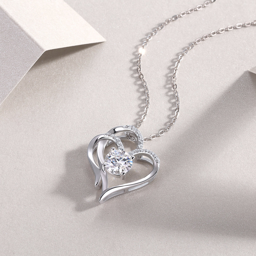 Heart to Heart Necklace – 1 Carat Moissanite Pendant in Platinum 925 Silver