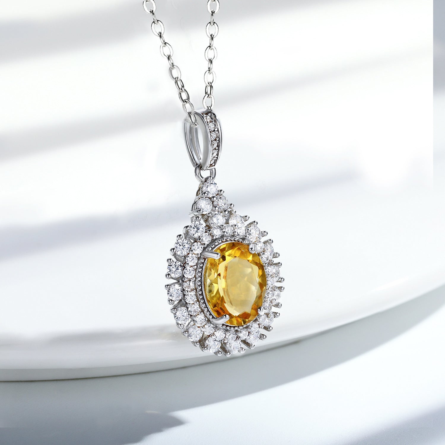 Luxury Drop-Shaped Yellow Topaz Necklace – 925 Sterling Silver & Platinum Finish Pendant