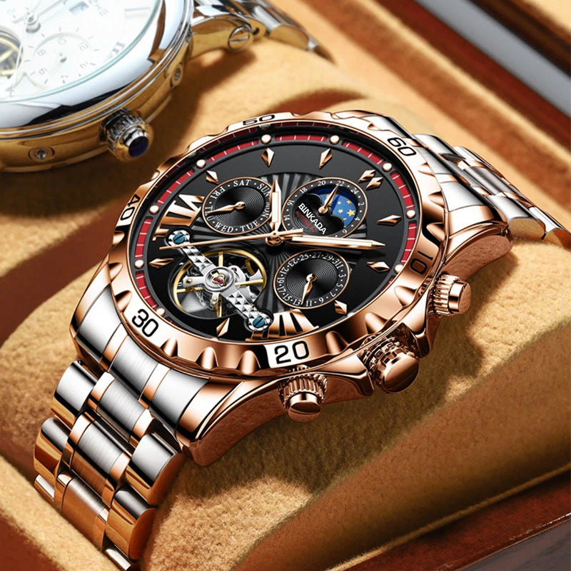 Luxury Rose Gold Automatic Skeleton Chronograph Watch – Waterproof Multi-Function Design