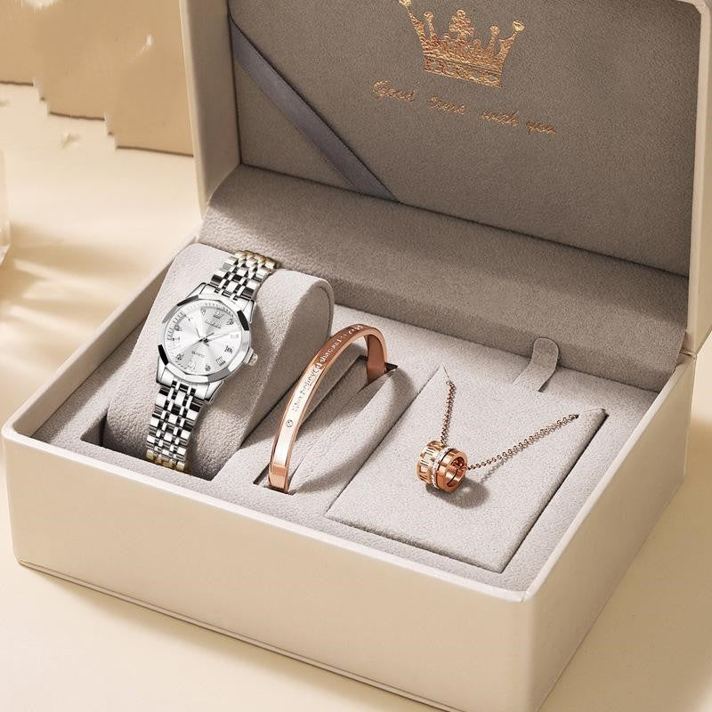 Luxury Quartz Women’s Watch Gift Box – Elegant 3-in-1 Jewelry Set