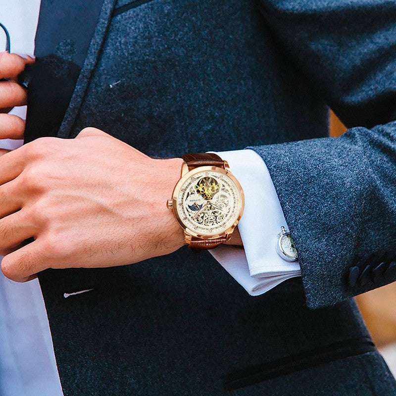 Luxury Automatic Skeleton Mechanical Watch – Rose Gold Men’s Timepiece