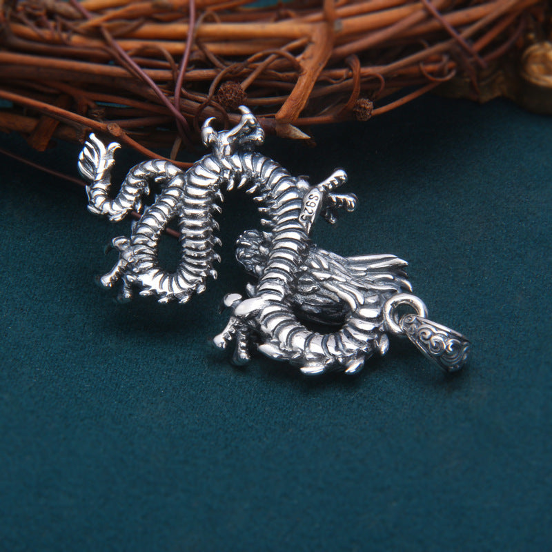 S925 Sterling Silver Zodiac Dragon Pendant Men's Retro Distressed