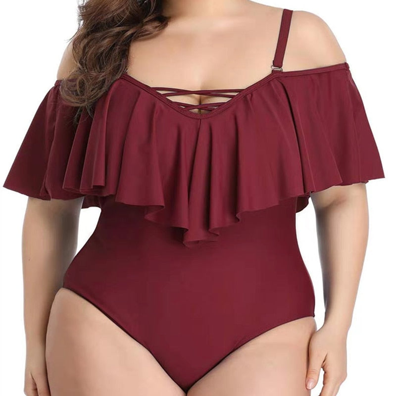 T&P CurveRuffle One-Piece – Plus-Size Slimming Off-Shoulder Swimsuit