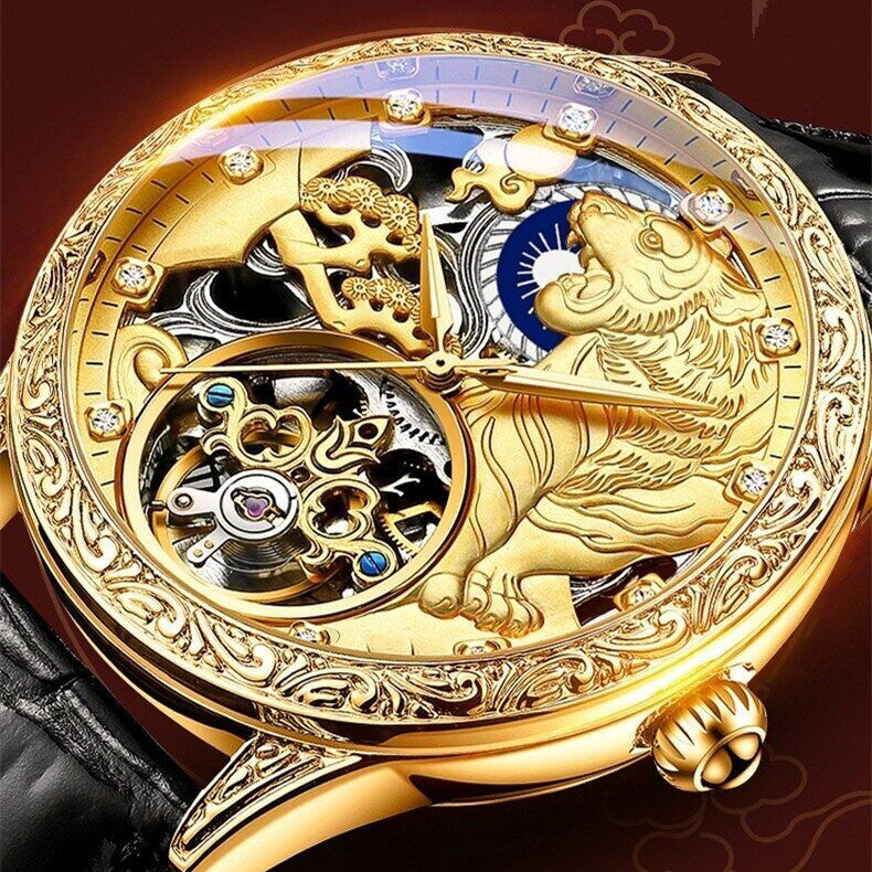 Luxury Gold Lion Relief Automatic Skeleton Watch – Prestige Mechanical Timepiece