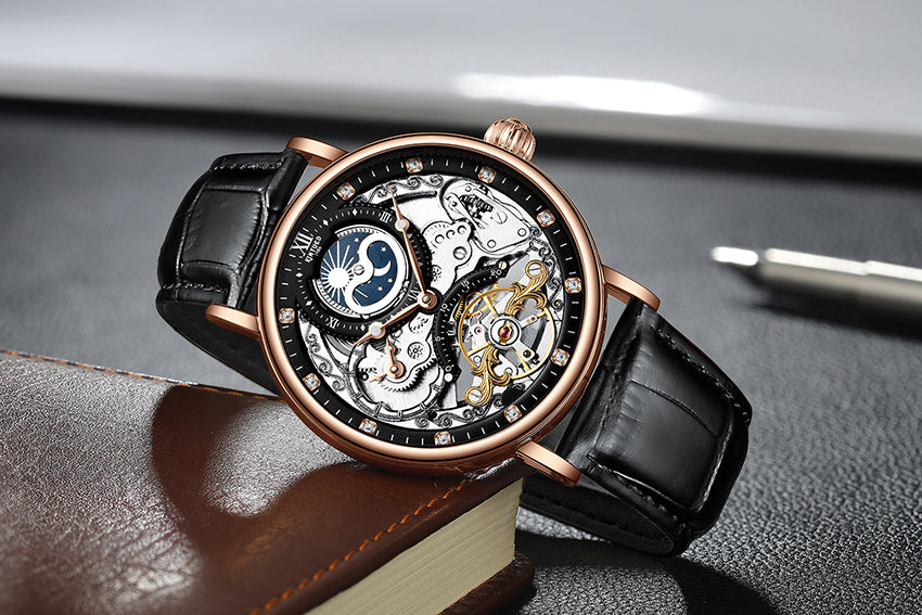 KINYUED Skeleton Automatic Mechanical Men’s Watch – Leather Strap