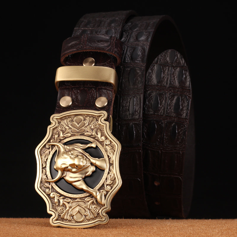 Leather Cowhide Belt with Copper Buckle – Luxury Lion Head Edition