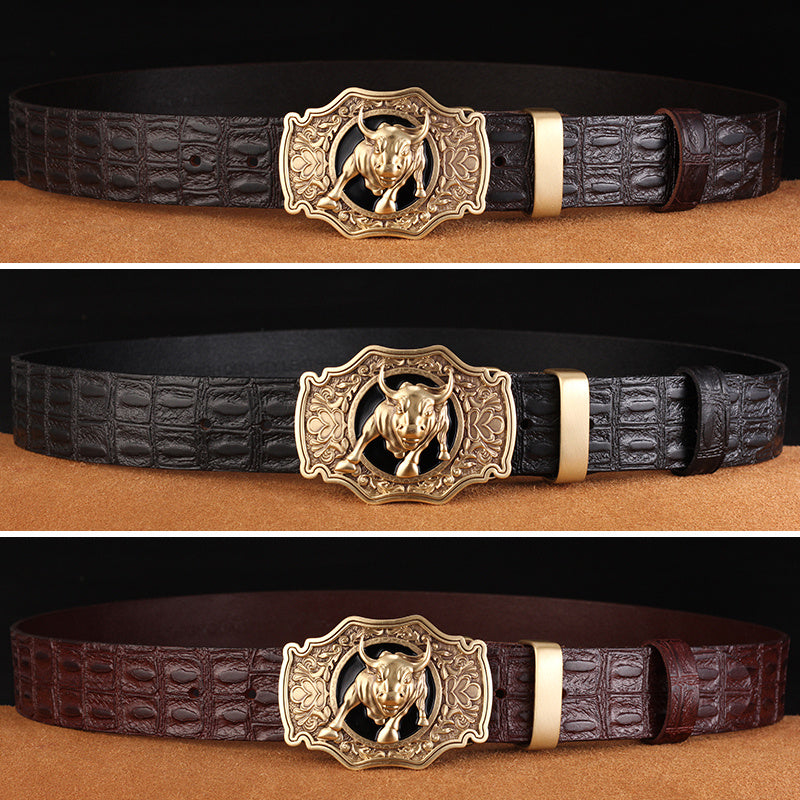 Leather Cowhide Belt with Copper Buckle – Luxury Lion Head Edition