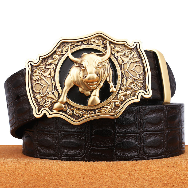 Leather Cowhide Belt with Copper Buckle – Luxury Lion Head Edition