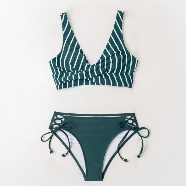 T&P StripeWave Cross-Front Bikini – Striped Top & Green Adjustable Bottoms