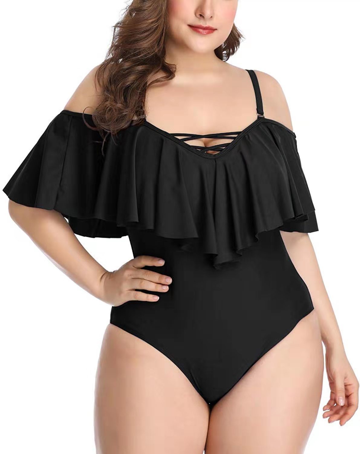 T&P CurveRuffle One-Piece – Plus-Size Slimming Off-Shoulder Swimsuit