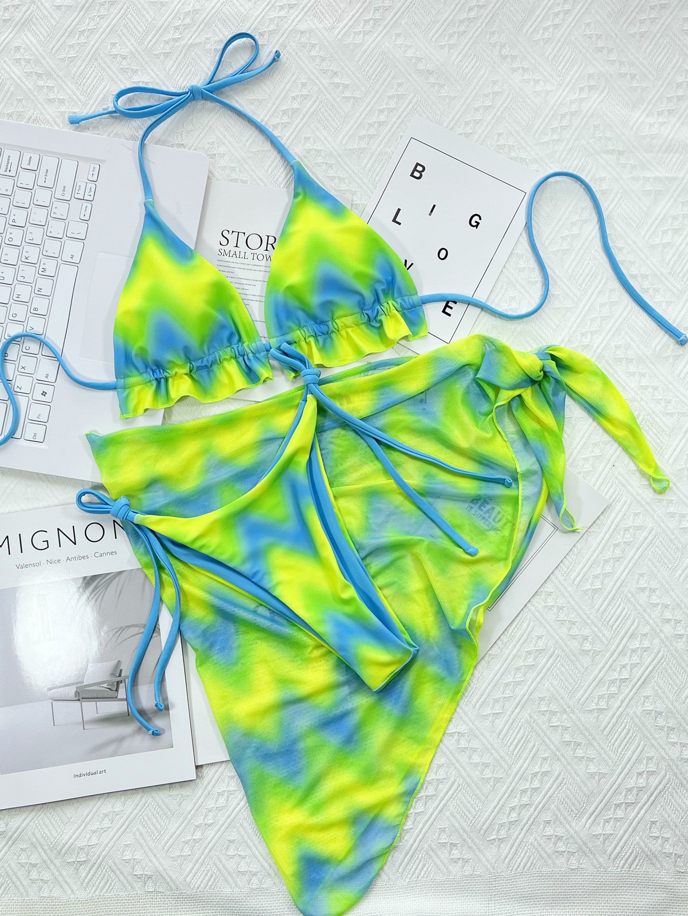 T&P NeonWave Tie-Dye Bikini – Neon Green & Blue 3-Piece Set
