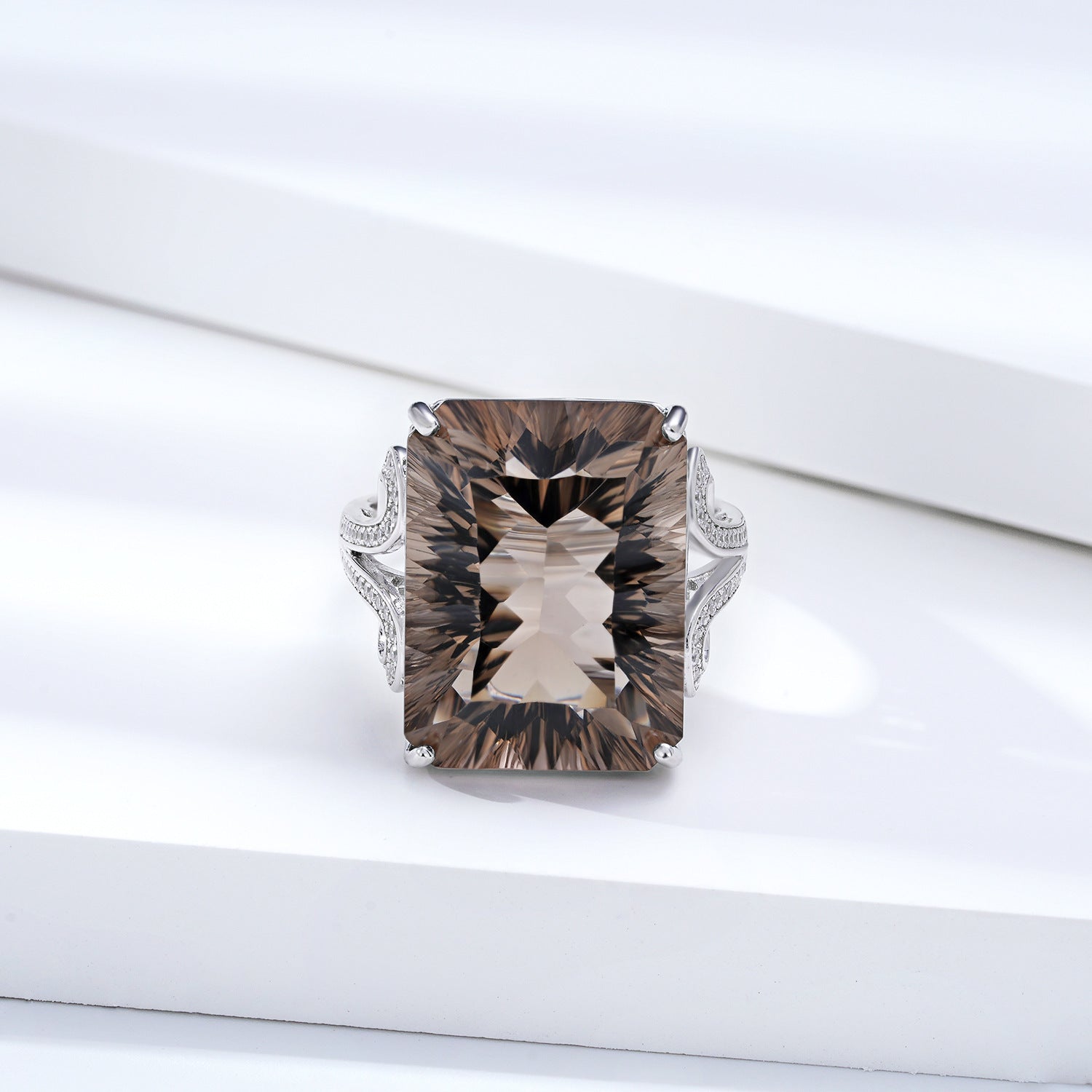 Luxury Natural Tea Crystal Ring – 925 Sterling Silver Geometric Smoky Gemstone Design