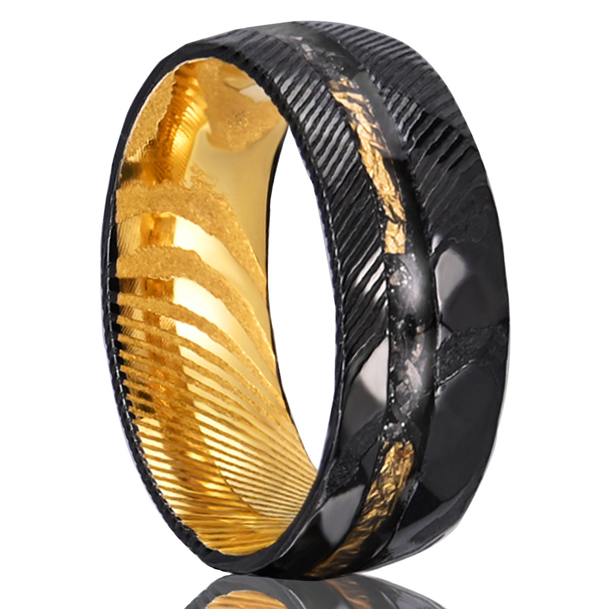 Luxury 8mm Damascus Steel Ring – Two-Tone Black & Gold Men’s Statement Jewelry