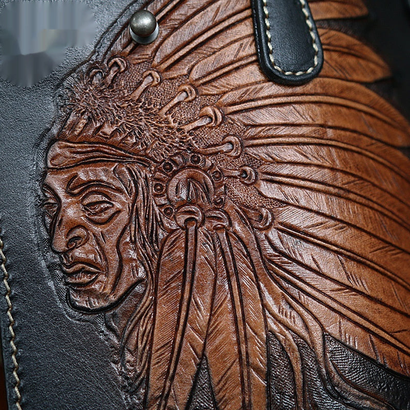 Western Biker Leather Wallet with Chain – Hand-Carved Cowhide Long Style
