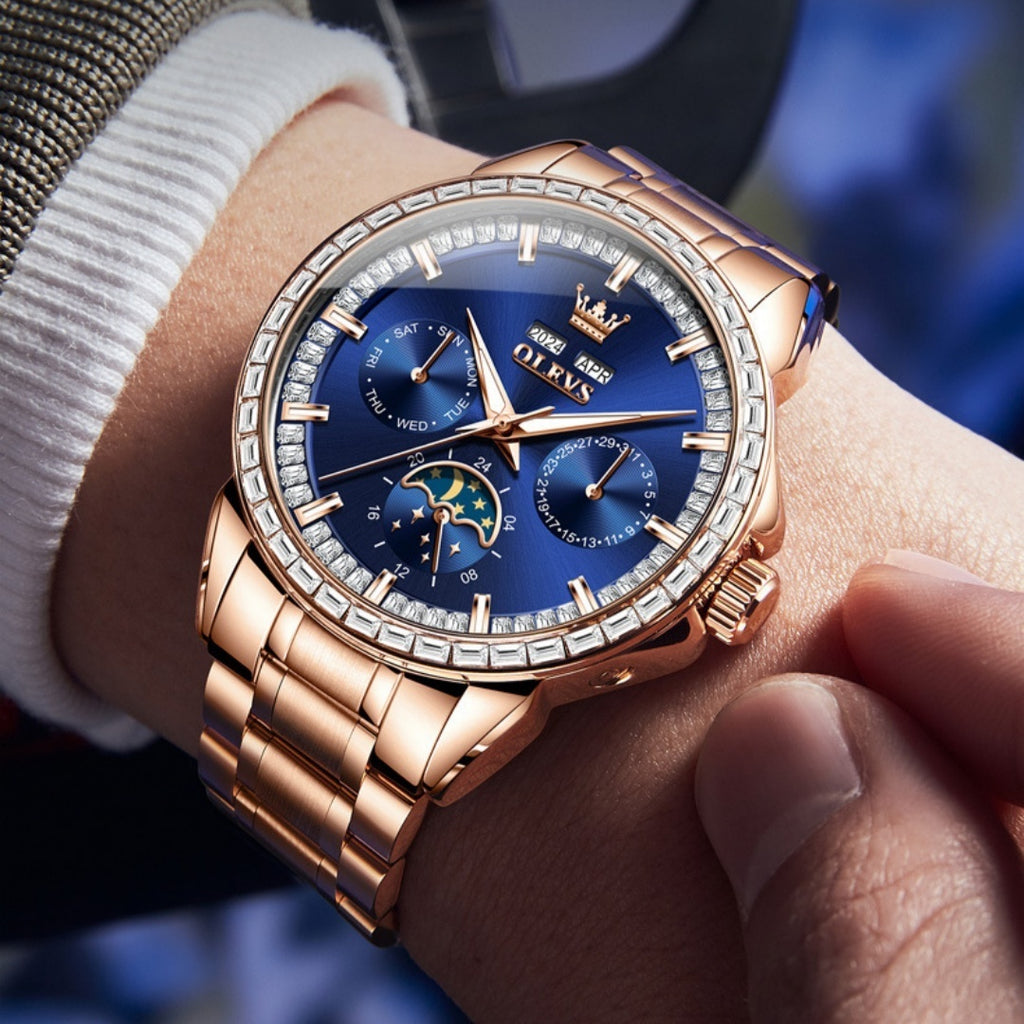 Luxury Blue Dial Diamond-Embedded Automatic Watch – Moon Phase Multifunction Mechanical