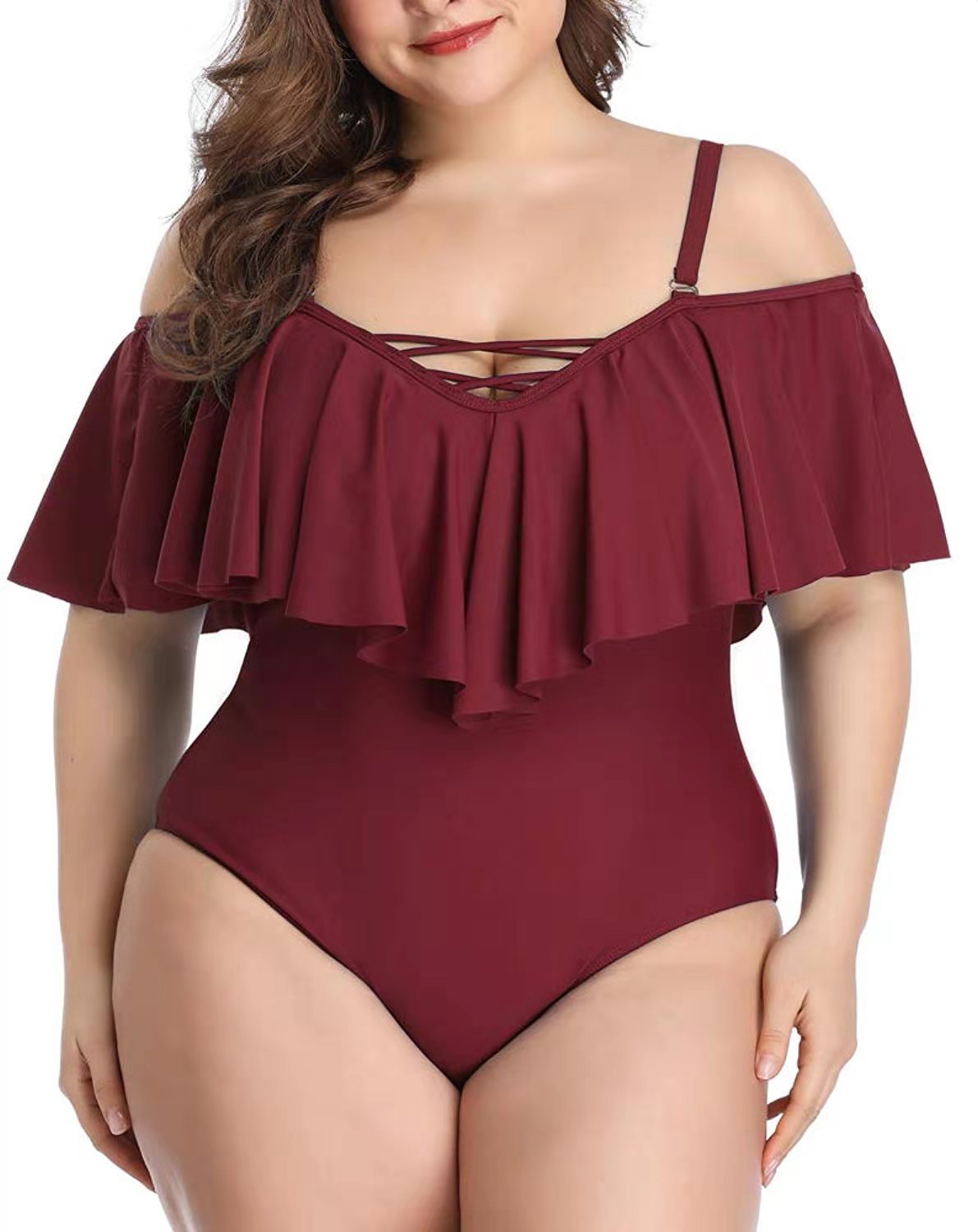 T&P CurveRuffle One-Piece – Plus-Size Slimming Off-Shoulder Swimsuit