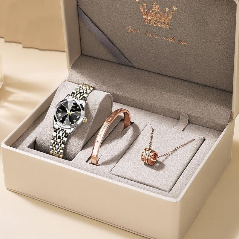 Luxury Quartz Women’s Watch Gift Box – Elegant 3-in-1 Jewelry Set