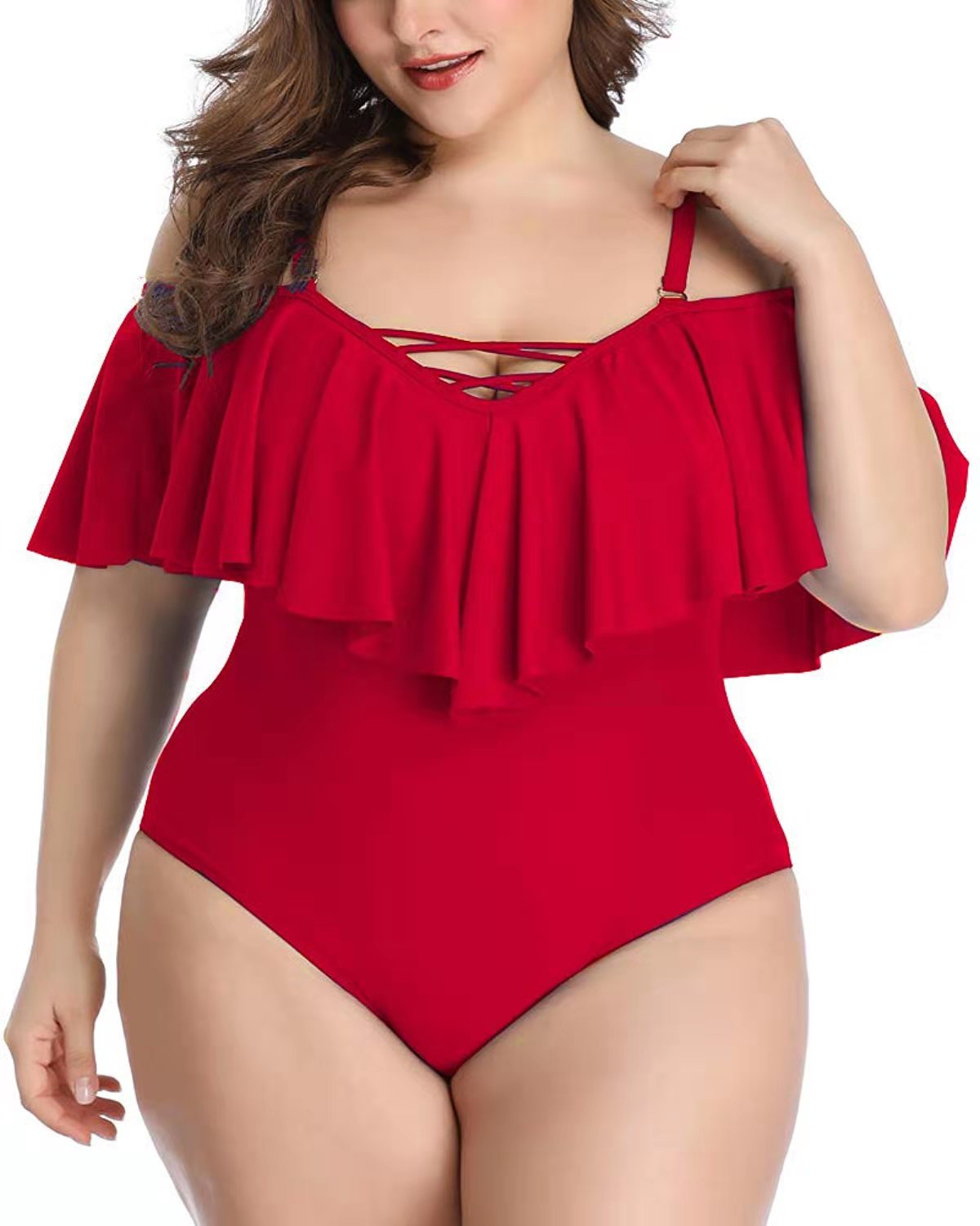 T&P CurveRuffle One-Piece – Plus-Size Slimming Off-Shoulder Swimsuit