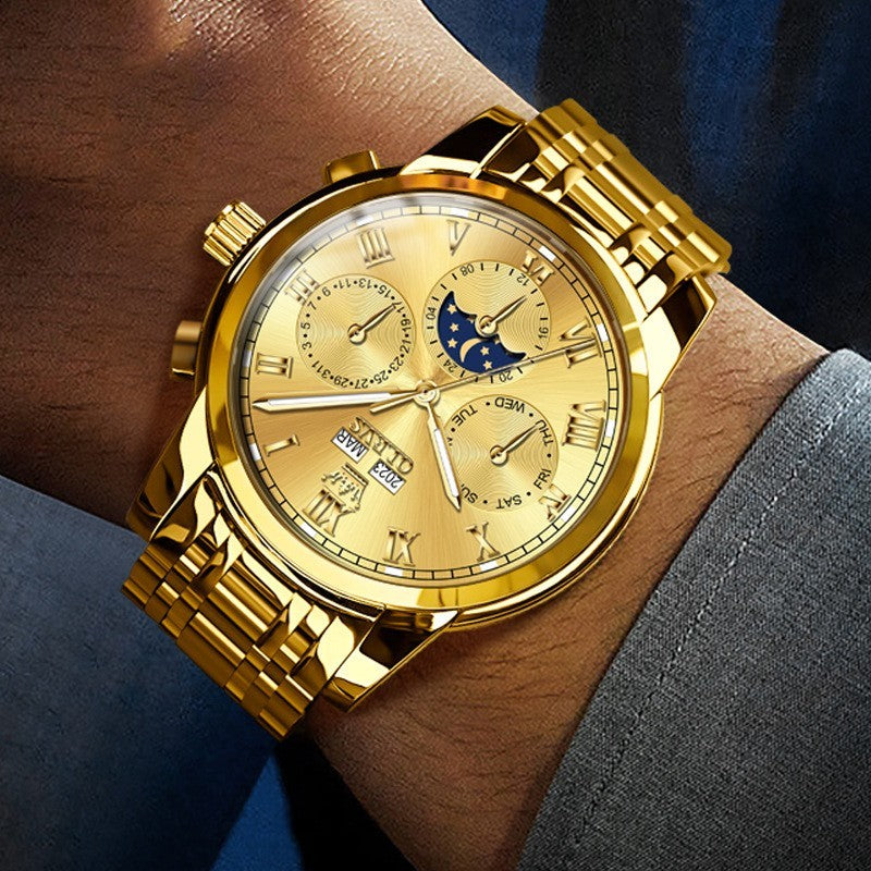 Luxury All Black Moon Phase Automatic Watch – Multifunction Mechanical Waterproof Timepiece