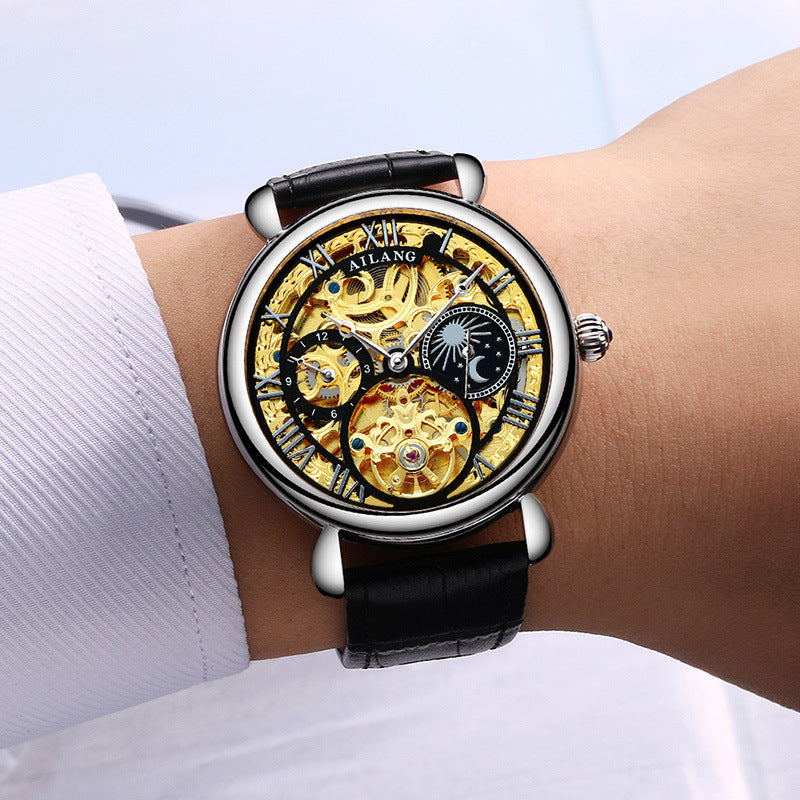 Luxury Skeleton Automatic Mechanical Watch – Gold Hollow Design with Leather Strap