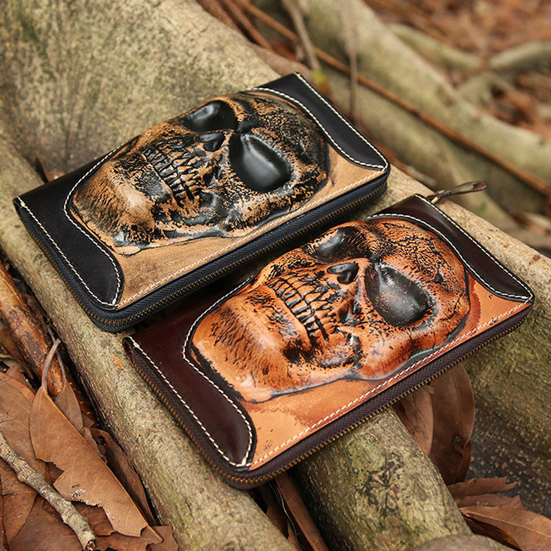 Cowhide Skull Leather Wallet – Men’s Gothic Zipper Clutch