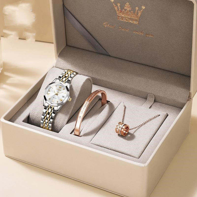 Luxury Quartz Women’s Watch Gift Box – Elegant 3-in-1 Jewelry Set
