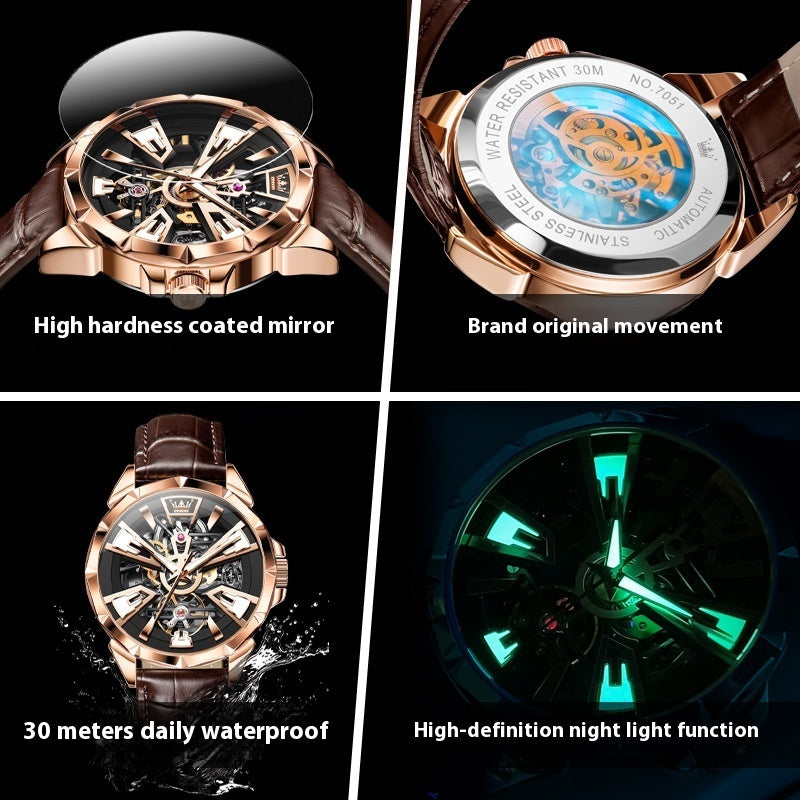 Luxury Men’s Automatic Skeleton Watch – Hollow Mechanical Waterproof Design