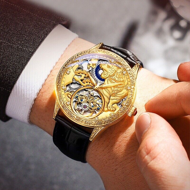 Luxury Gold Lion Relief Automatic Skeleton Watch – Prestige Mechanical Timepiece