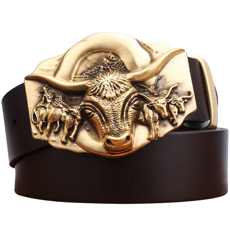 Cowhide Leather Belt with Copper Dragon Buckle – Luxury Edition