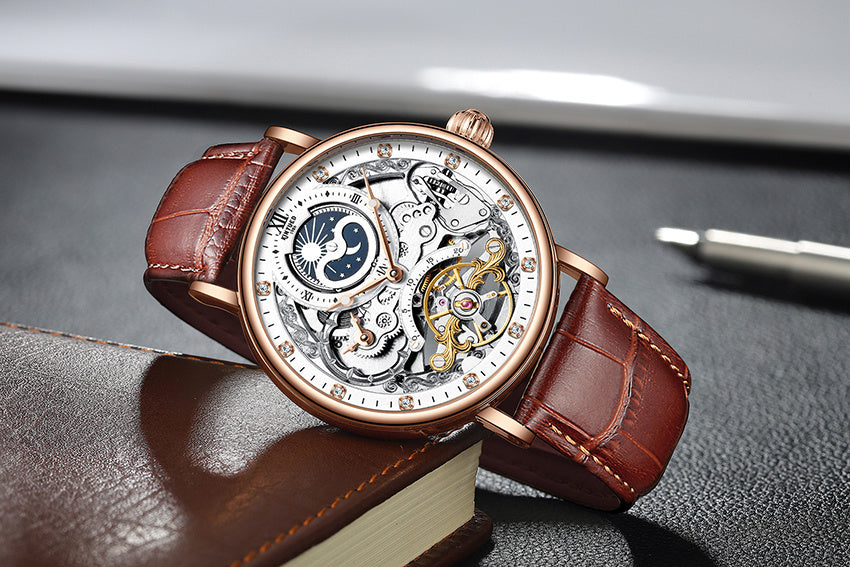 KINYUED Skeleton Automatic Mechanical Men’s Watch – Leather Strap