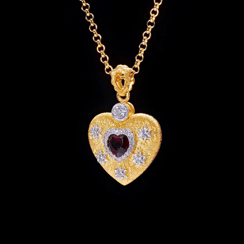 Brushed Heart S925 Silver Gold-Plated Garnet Pendant – Luxury Romantic Jewelry | T&P Luxury Store