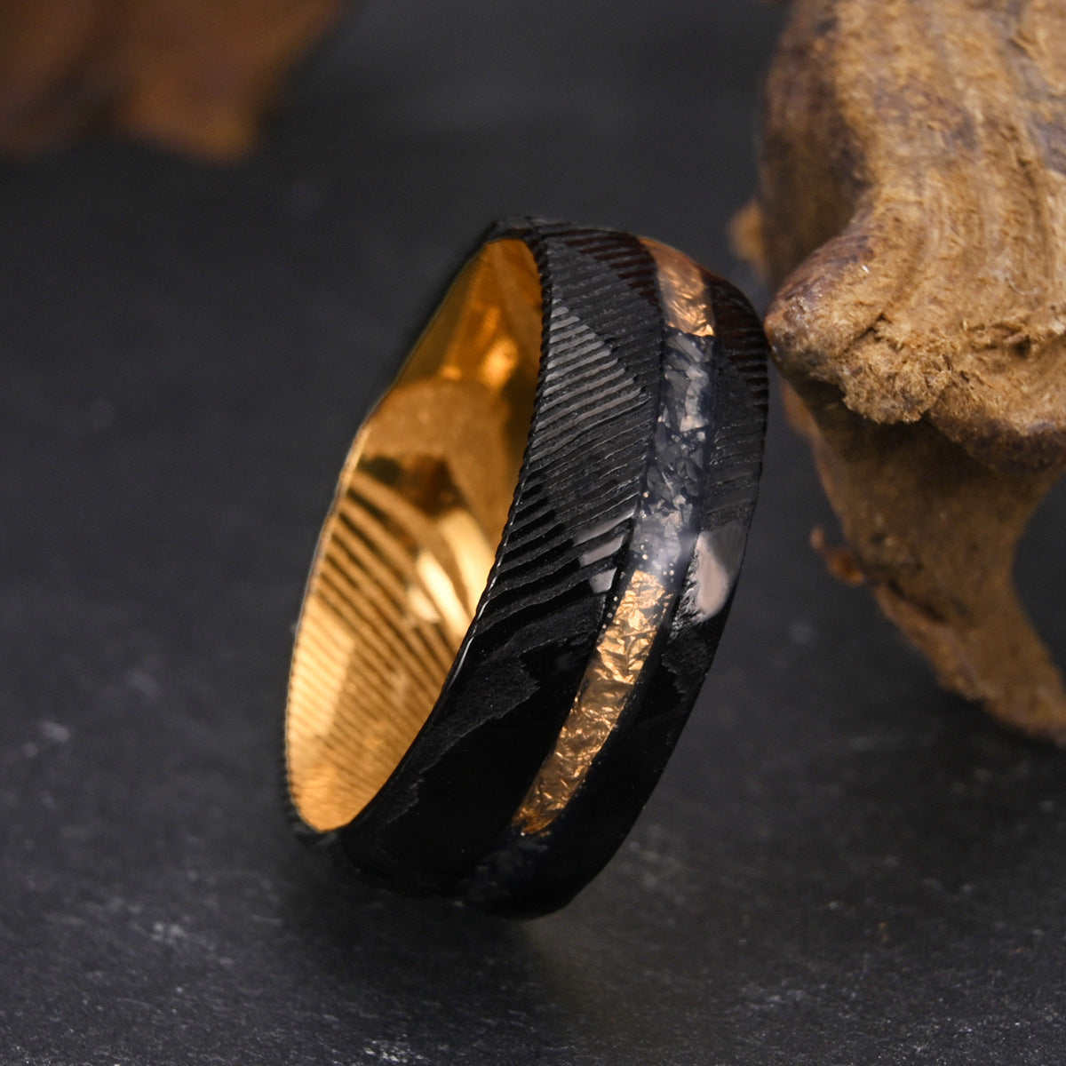 Luxury 8mm Damascus Steel Ring – Two-Tone Black & Gold Men’s Statement Jewelry