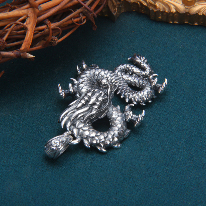 S925 Sterling Silver Zodiac Dragon Pendant Men's Retro Distressed
