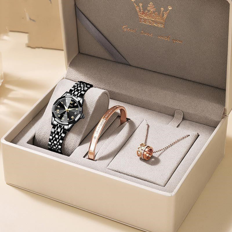 Luxury Quartz Women’s Watch Gift Box – Elegant 3-in-1 Jewelry Set