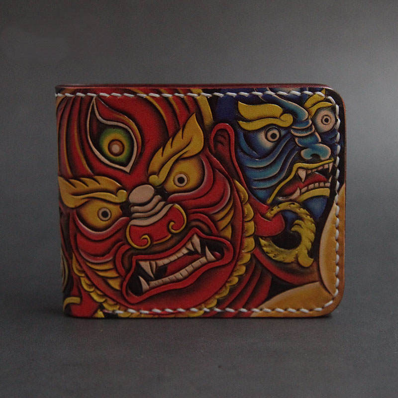 Handcrafted Skull & Koi Leather Wallet – Artistic Short Style Cowhide