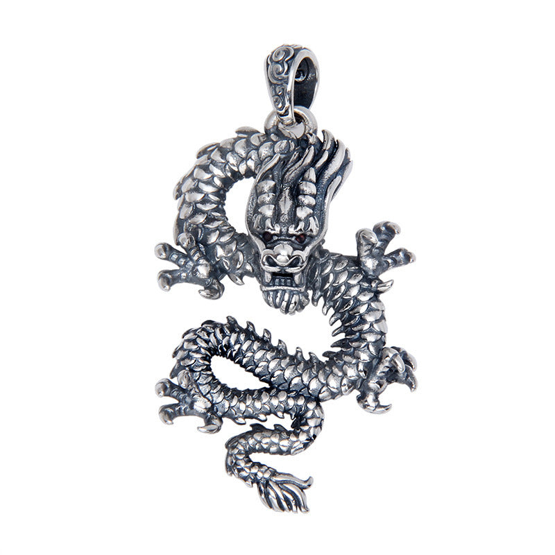 S925 Sterling Silver Zodiac Dragon Pendant Men's Retro Distressed