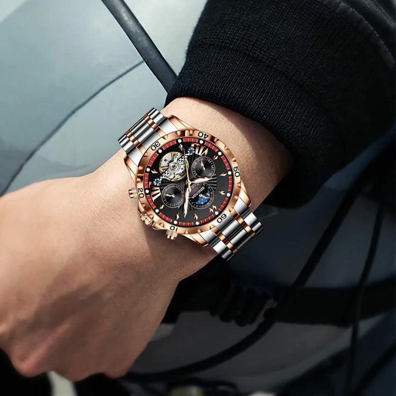 Luxury Rose Gold Automatic Skeleton Chronograph Watch – Waterproof Multi-Function Design