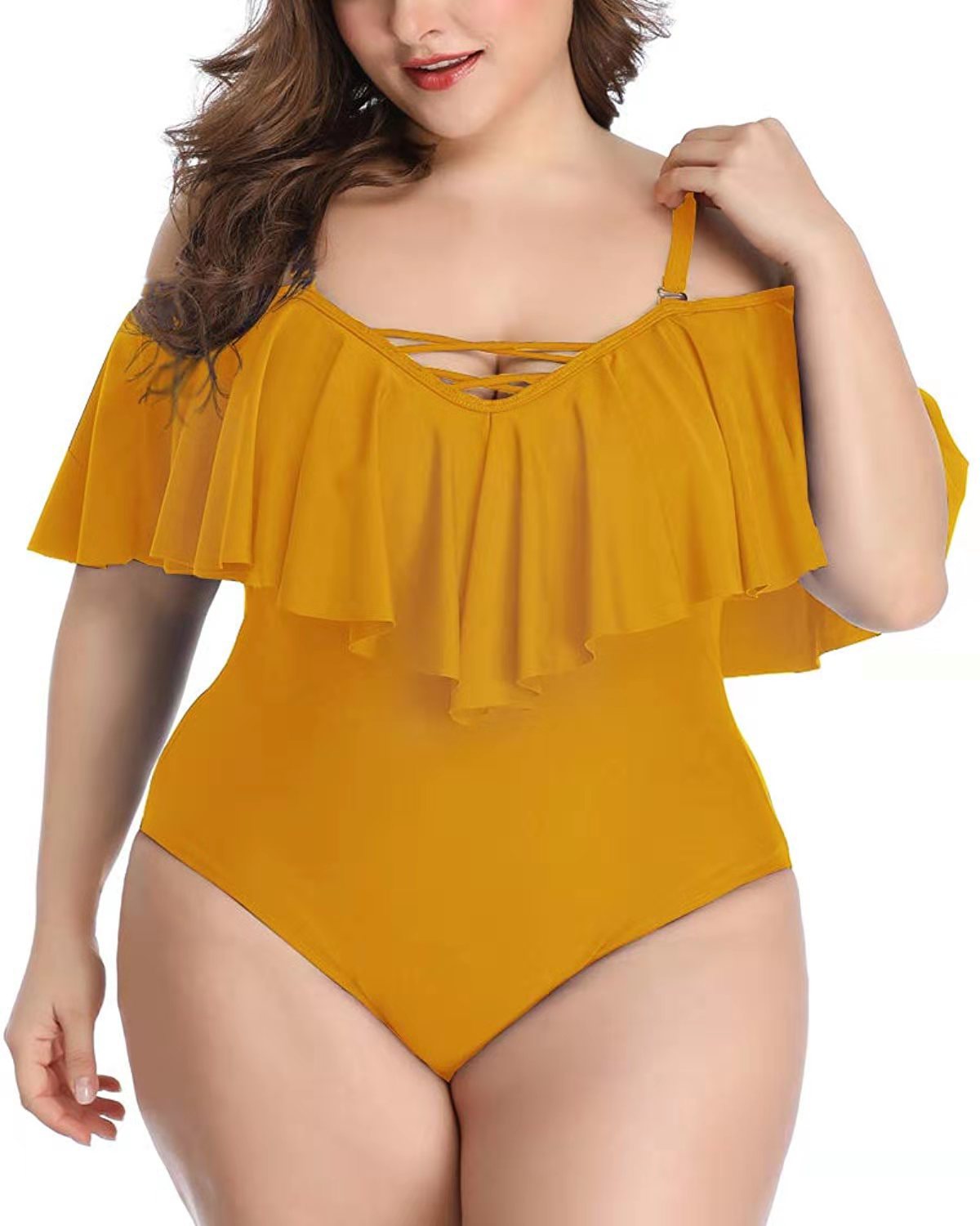 T&P CurveRuffle One-Piece – Plus-Size Slimming Off-Shoulder Swimsuit