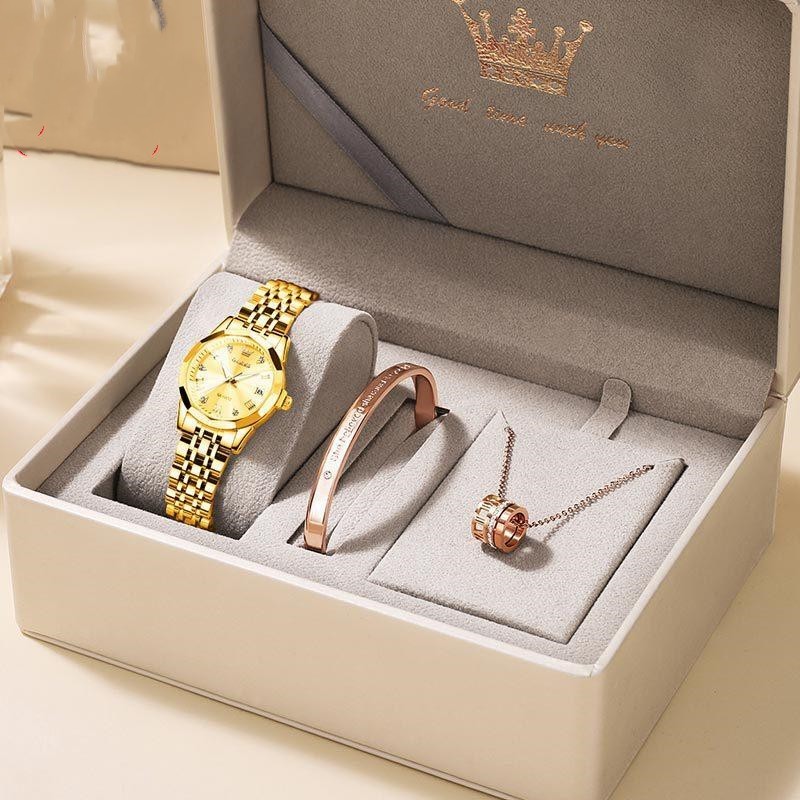 Luxury Quartz Women’s Watch Gift Box – Elegant 3-in-1 Jewelry Set
