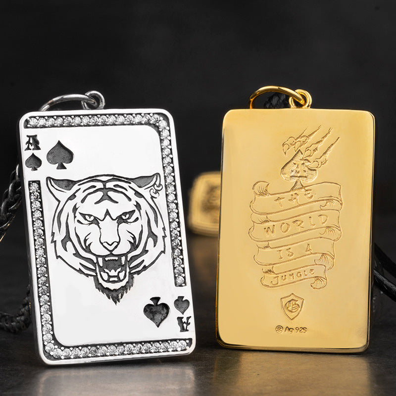 ♠️ King of Spades Tiger Pendant – 925 Sterling Silver / 18K Gold Finish