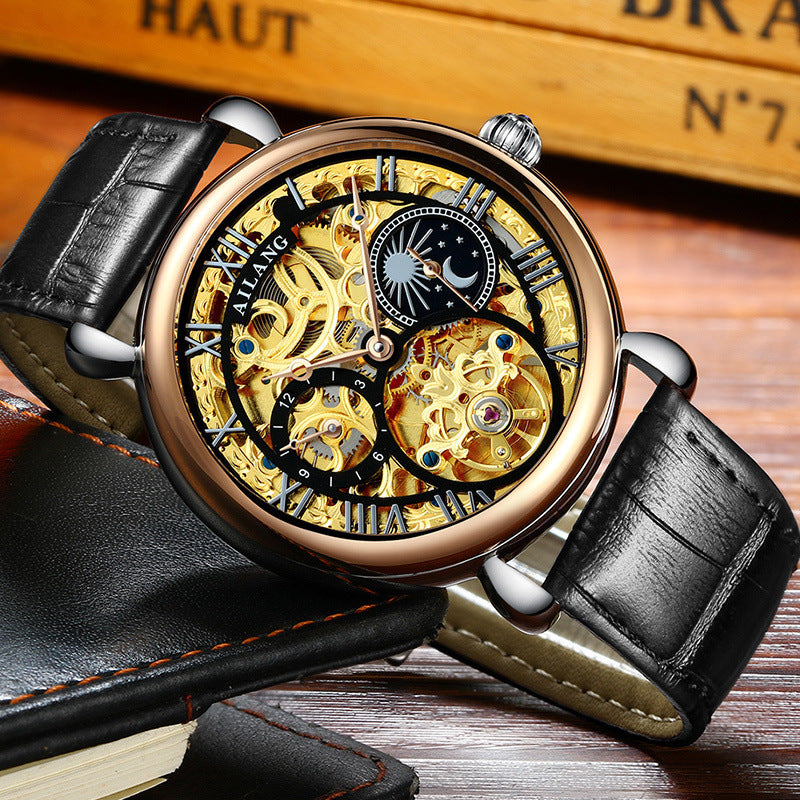 Luxury Skeleton Automatic Mechanical Watch – Gold Hollow Design with Leather Strap