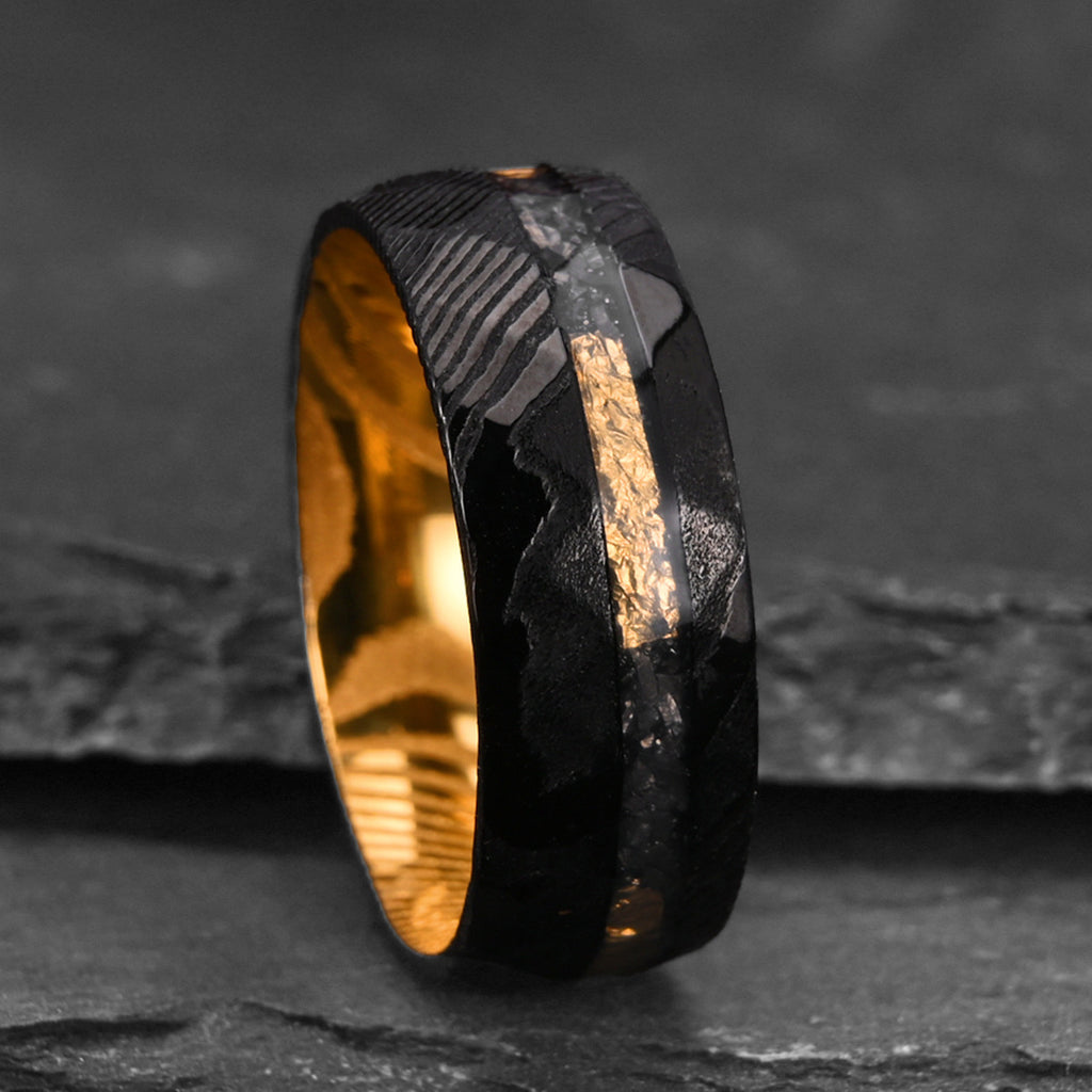 Luxury 8mm Damascus Steel Ring – Two-Tone Black & Gold Men’s Statement Jewelry