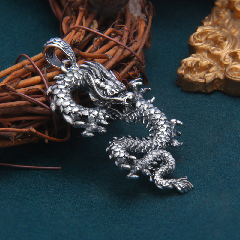 S925 Sterling Silver Zodiac Dragon Pendant Men's Retro Distressed